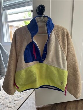 Free People Colorblock Sherpa Pullover - Cream, Blue & Lime